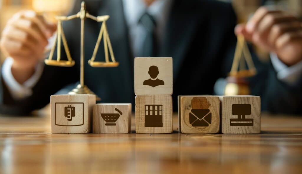 businessman's hand arranging wooden blocks with justice icons. ethical business practices and governance concept.