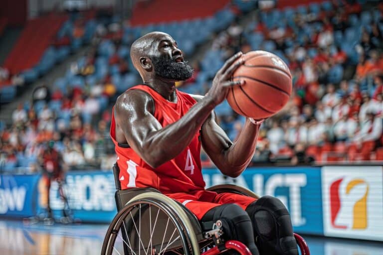 a wheelchair basketball player in a red uniform skillfully drives towards scoring a goal