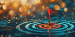 businessman aims arrow at a virtual target dartboard, precision in setting objectives for business investments visualizes strategic approach to achieving goals and hitting targets in business.